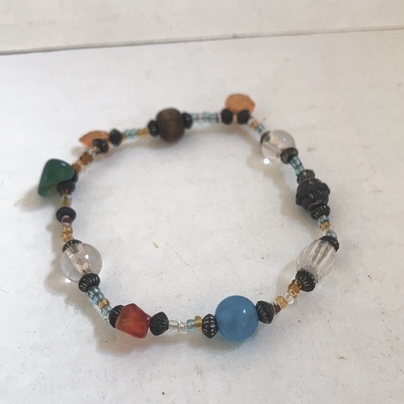 Tumbled Sea Glass Wood Metal Colorful Beads Stretchy Bracelet - Picture 5 of 9